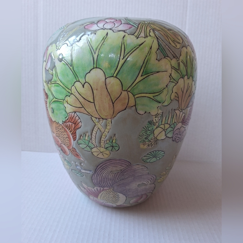 Vintage Macau Handpainted Porcelain Floral and Koi Vase